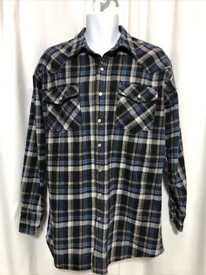 Key Flannel Shirt Mens XLT Blue Black Plaid Excellent Western Pearl Snap Tall