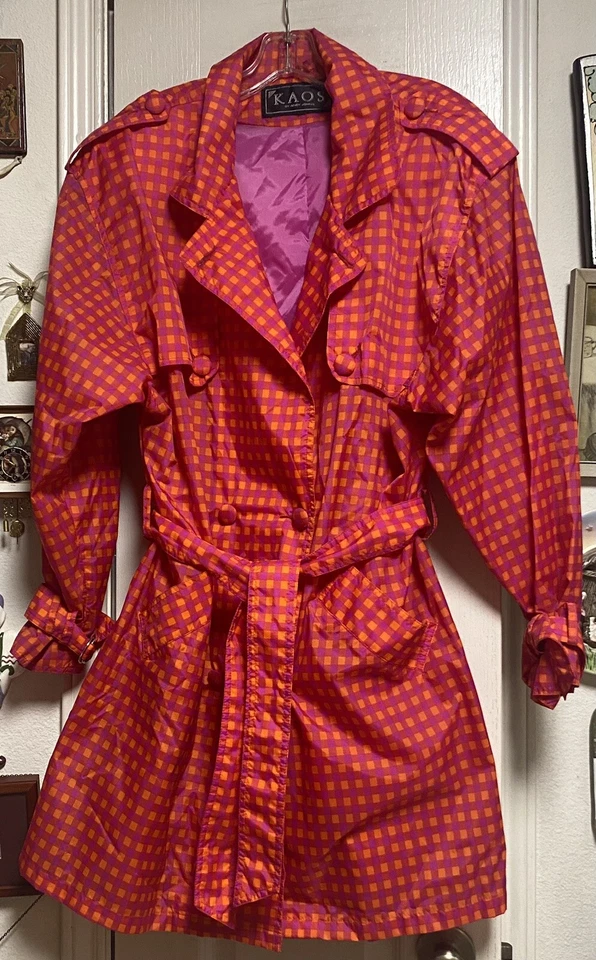 Cortavientos/abrigo impermeable vintage naranja/fucsia a cuadros L con cinturón-KAOS de Andy Johns Foto 3 de 4