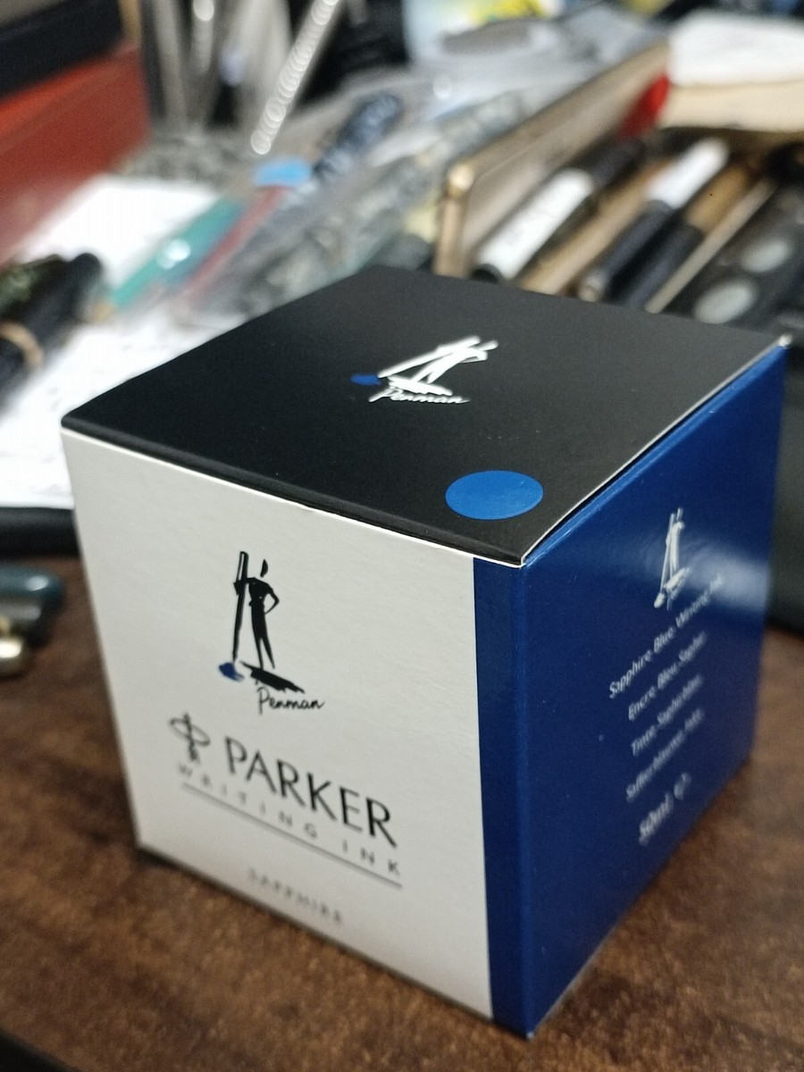 NOS PARKER PENMAN SAPPHIRE BLUE INK, NEW BOTTLE 50ml BOXED PAPERS