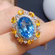 New Flower Titanic Ocean Blue Topaz Citrine Gems Silver Women Adjustable Ring
