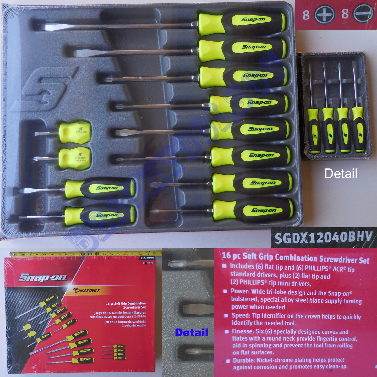 New Snap On Hi-Viz Yellow Soft Grip Combination Screwdriver 16 Pcs