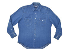 Wrangler Men's Size L Blue Denim Western Long Sleeve Pearl Snap Shirt Distressed