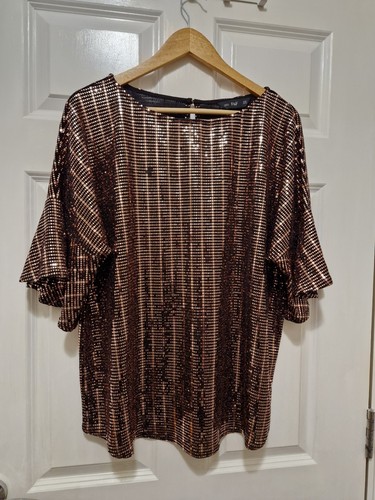 Ladies Bronze Sequin Bell Sleeve Top Size 20 Evening Occasion Size 20 - Picture 2 of 7
