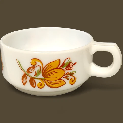 Vintage Orange & White Floral Tulip Milk Glass Soup Cup 7" x 2.5"
