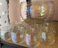Iridescent Luster Punch Bowl & 12 Cups Mermaid Scales West Virginia Glass Rare