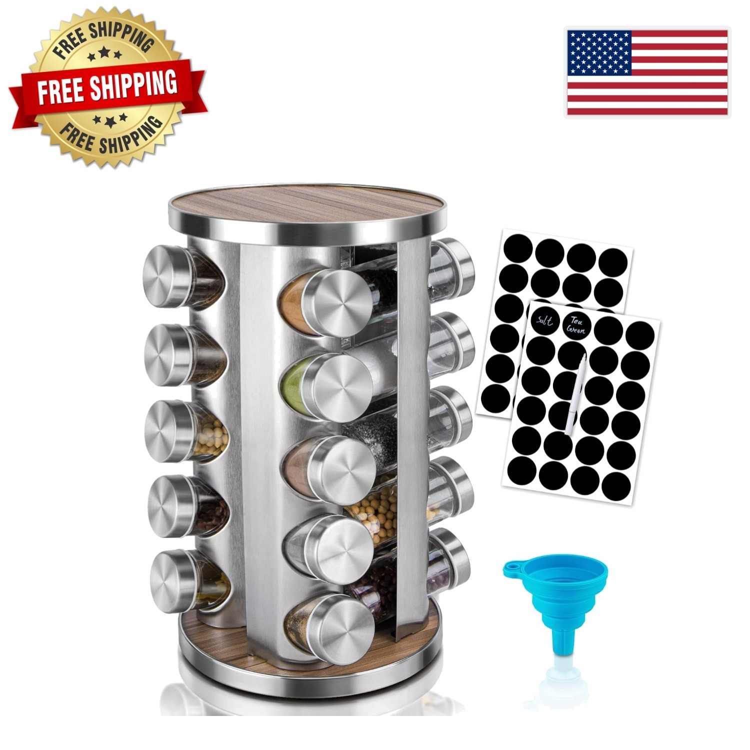 Revolving Spice Rack Organizer with 20 Jars - Stylish Kitchen Storage Solution