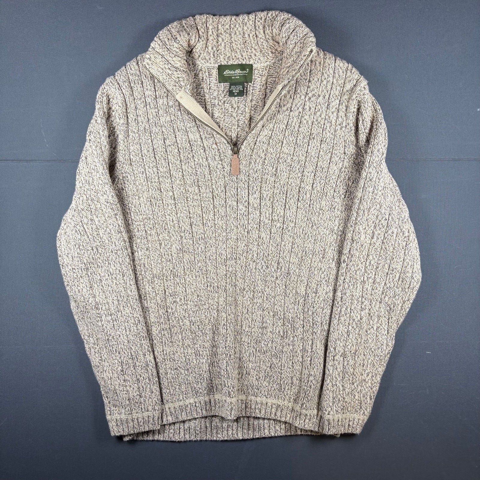 Vintage Eddie Bauer 1/4 Zip Ribbed Knit Sweater Mens Medium Tan Marled Cotton