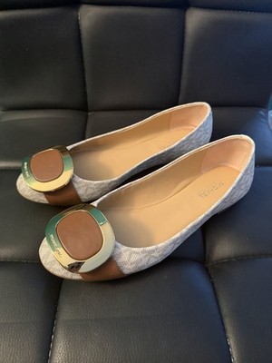 Michael Kors Grey Fabric Flats With Brown Leather Trim And Gold Accent