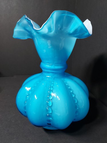 BLUE BEADED MELON GLASS 8" VASE DOUBLE CRIMPLE RUFFLE - Picture 1 of 9