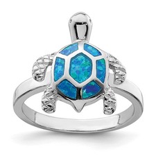 Sterling Silver Rhodium-plated Created Blue Opal Turtle Ring - Size 8