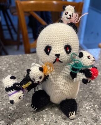 Vintage Crocheted Black & White Panda Bear With Cubs  
