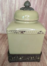 Gracious Goods Large 12" X 7 Green Ceramic Canister Cookie Jar With Lid & Stand