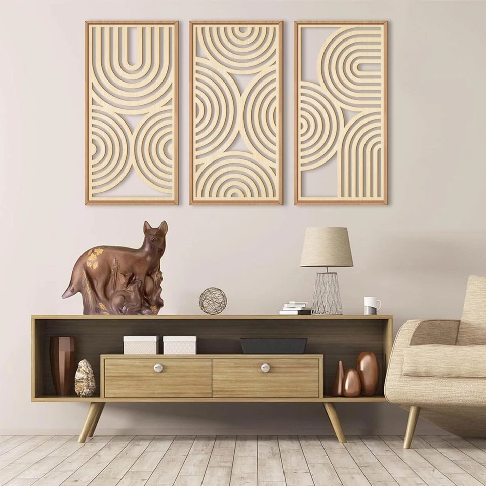 Large Boho Wood Wall Art Set of 3 Framed Wooden Mid-century Modern Wall Decor... - Imagem 3 de 4