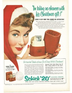 1953 Schick 20 Electric Shaver Vintage Print Ad Santa Hat Christmas Shaving Gift