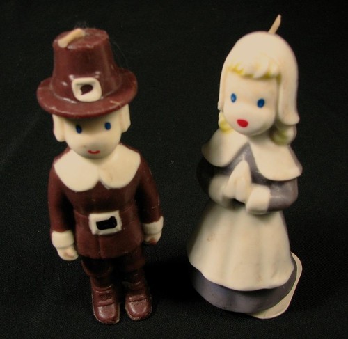 Vintage Gurley Candles 2 Thanksgiving Pilgrims Brown and Gray 5" Tall Set