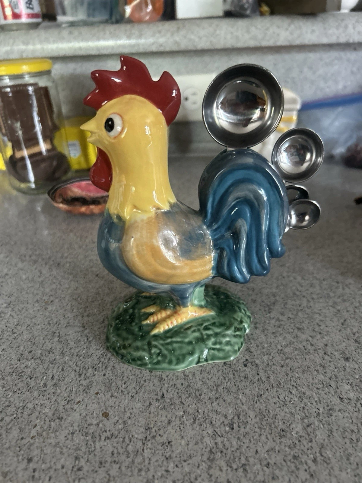 Rooster Chicken Measuring Spoon Holder with 4 Metal Spoons Ceramic Vintage