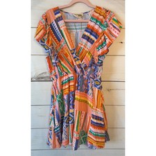 Savanna Jane Boho Patchwork Mini Dress Multi Color Tribal Ruffle V-Neck Large