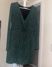 Francesca’s Dress, XL Green/Black Geometric Glitter V-Neck Bodycon Short