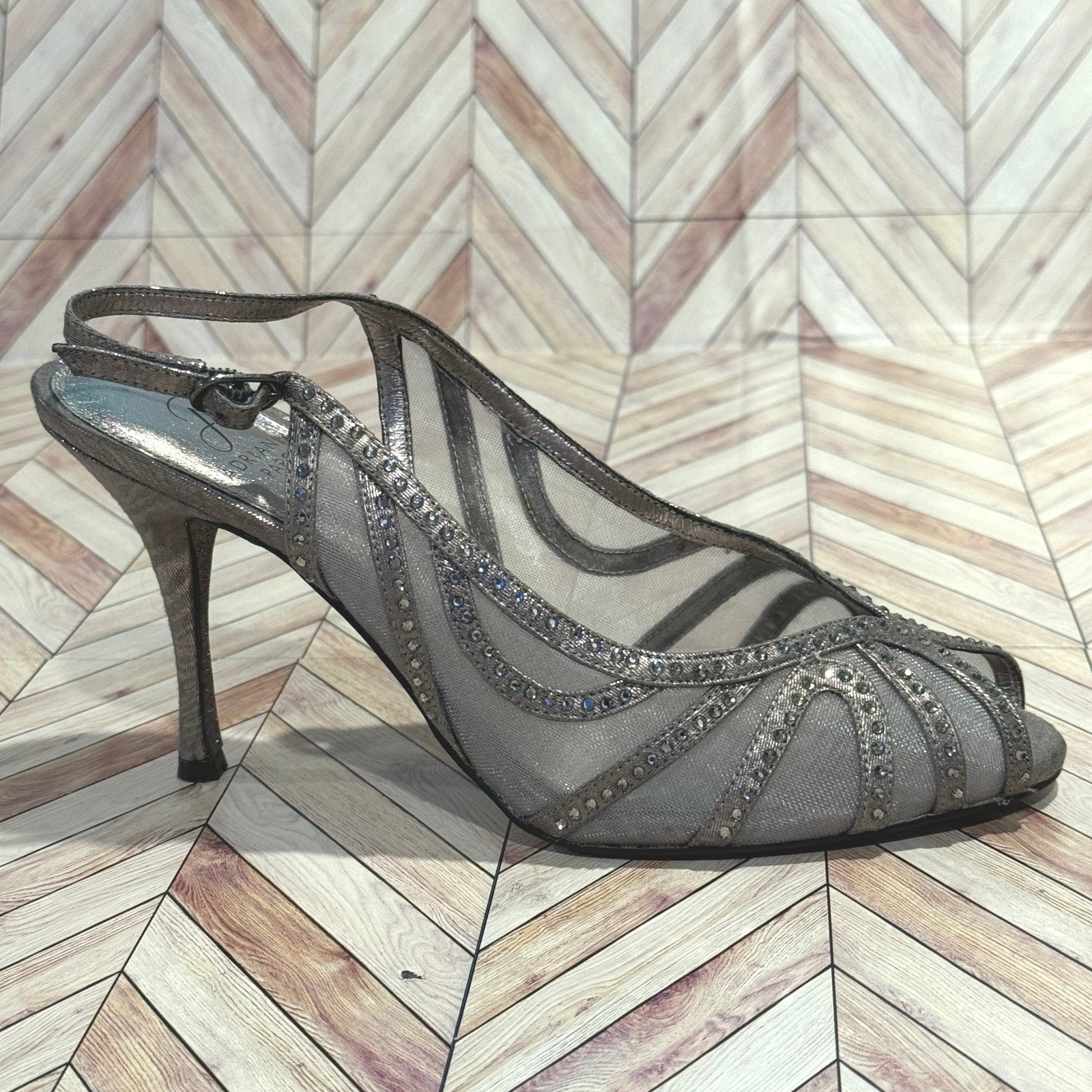 Adrianna Papell Silver Mesh Rhinestone Embellished Slingback Heels Shoes Women 9