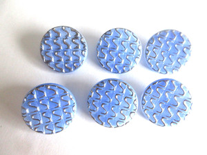 6 Magnificent Czech Vintage Style Glass Buttons    Blue w/Silver Accents