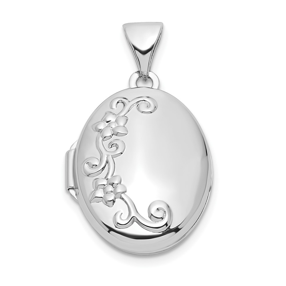 Sterling Silver Rhodium Plated 17mm Floral Oval Locket Pendant 1.49g