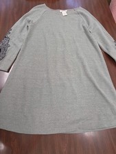 Paisley Vine Gray Sweater Dress Women's Small Beaded Sleeve Knit Tunic Boho
