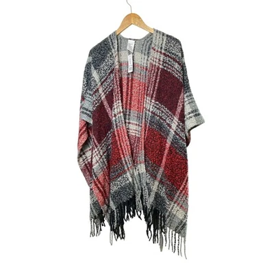 Woolrich Lydia Gray White Red Plaid Open Poncho Fringe Hem One Size Fits All NWT - Image 1 of 4