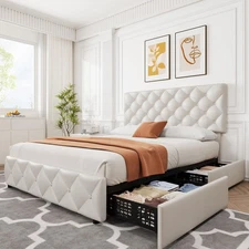 Full Size Bed Frame with 4 Storage Drawers, Faux Leather Upholstered Platform...