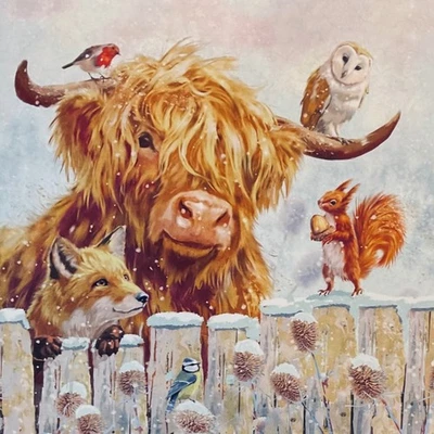 CHARITY CHRISTMAS CARD ~ HIGHLAND COW & FRIENDS ~ OWL ROBIN ~SINGLE~See Desc #N