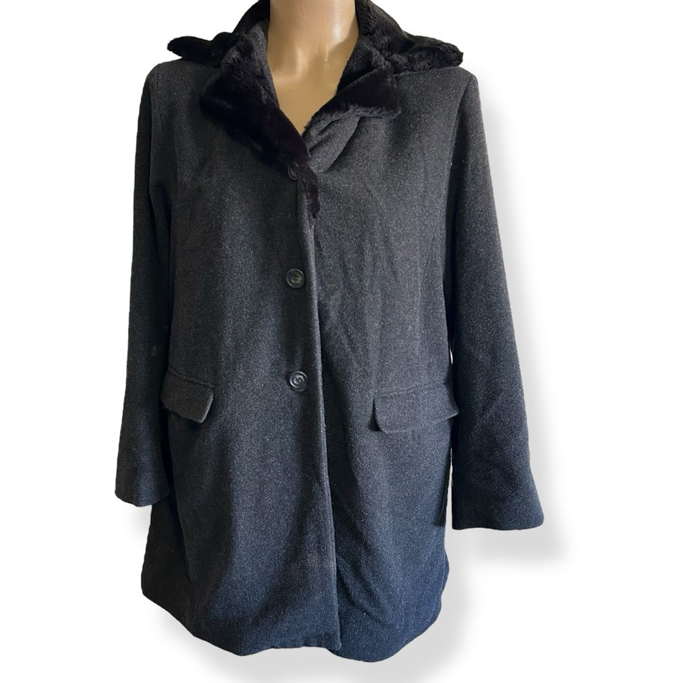 STREET ONE Sz 6 EU 34 Vintage Pea Coat Classic Italian Charcoal Faux Fur Collar