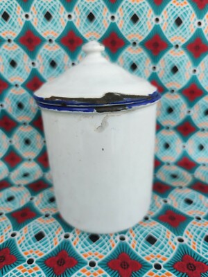 Kleine Vintage Emaille Geschirr Retro weiß und blau Vorratsdose Dose Kanister