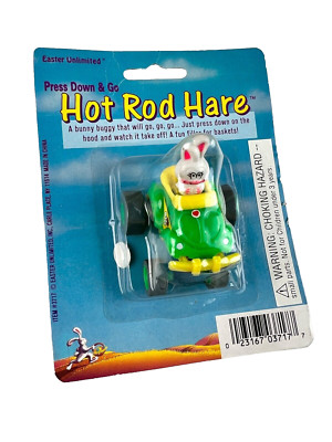 Vintage Easter Unlimited Hot Rod Hare Press Down & Go Mini Bunny Buggy Car Toy