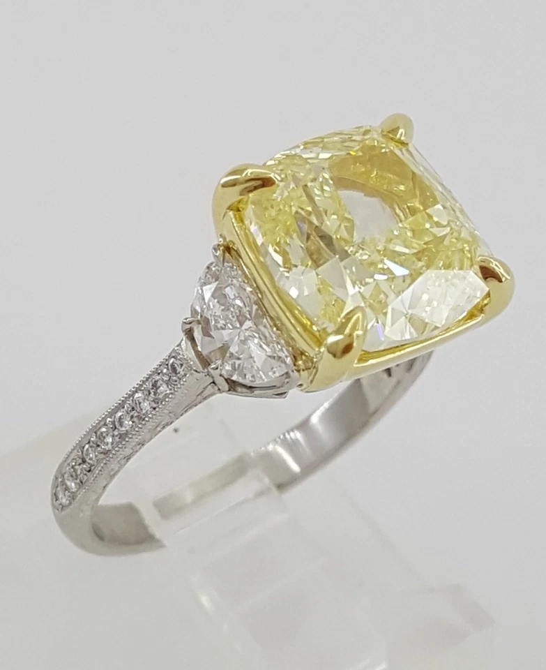Natural Yellow Cushion Diamond 5.67 ct 3-Stone Engagement Ring GIA Rtl $120K - Image 4 of 4