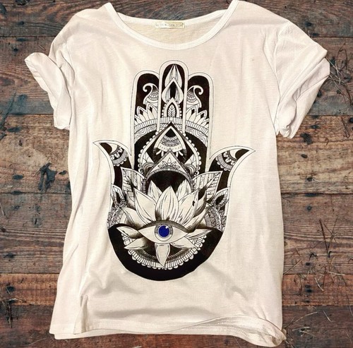 HAMSA HAND T-Shirt Womens Medium White Evil Eye Third 3rd Eye Graphic Tee NEW - Picture 3 of 7
