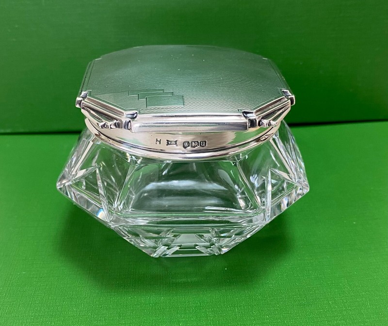 ANTIQUE ART DECO CRYSTAL & STERLING SILVER TOP POWDER JAR WALKER & HALL ENGLAND