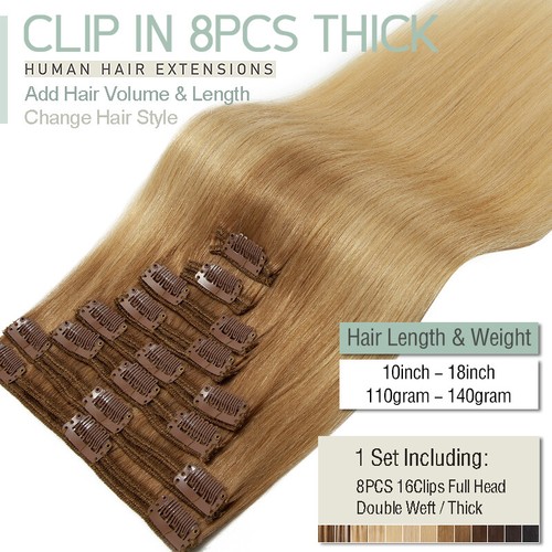 THICK Russian Double Weft Clip in Real Remy Human Hair Extensions Full Head - 第 4/53 張圖片