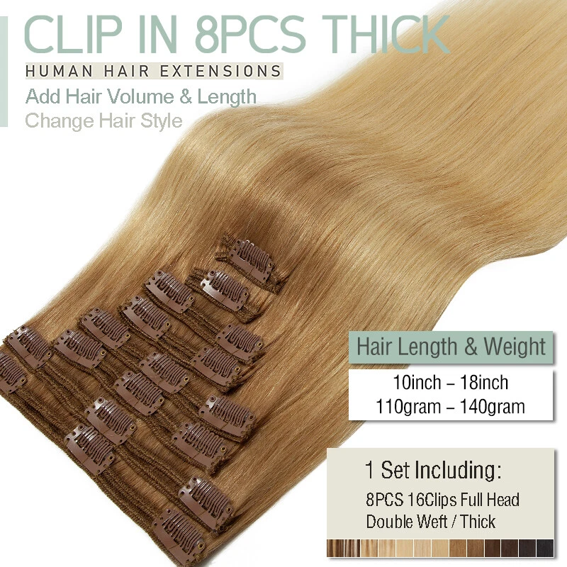 Extensiones de cabello humano Remy real cabeza completa clip grueso 8 piezas doble tramado Foto 4 de 4