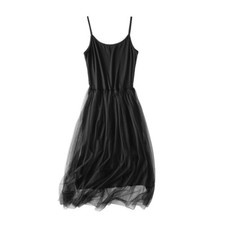 Women Mesh Slip Dress Tulle Splicing Spaghetti Strap Underdress Petticoat Solid