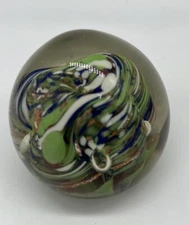 Vintage Art Glass Blown Paperweight 2" Swirled Colorful Air Bubbles
