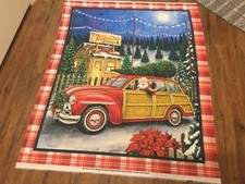 Christmas fabric panel of Santa in a in a old car new 36 x 44 100 cotton