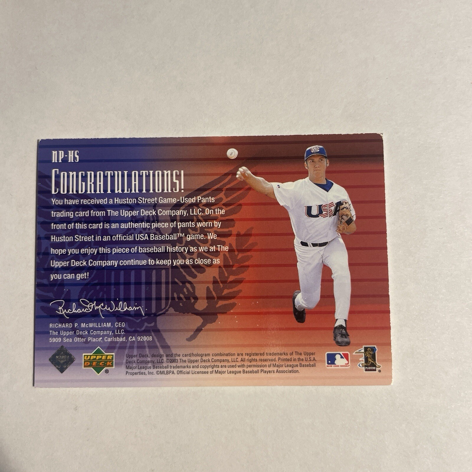 2003 Upper Deck HUSTON STREET #NP-HS National Pride USA GAME-USED JERSEY CARD view 2