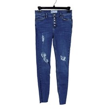 Free People Jeans Size 26 Button Fly Blue Med Wash Distressed Skinny Leg Stretch