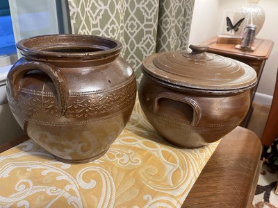 Pair of Antique French Glazed Stoneware Confit Crock with Handles