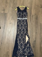 Jodi Kristopher Navy Beige Lace Mermaid Dress Rhinestone Side Slit Sleeveless 5