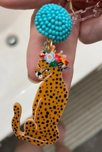 Handmade Leopard Cat Earrings – Beaded Studs, Tropical Statement Jewelry - Picture 3 of 8