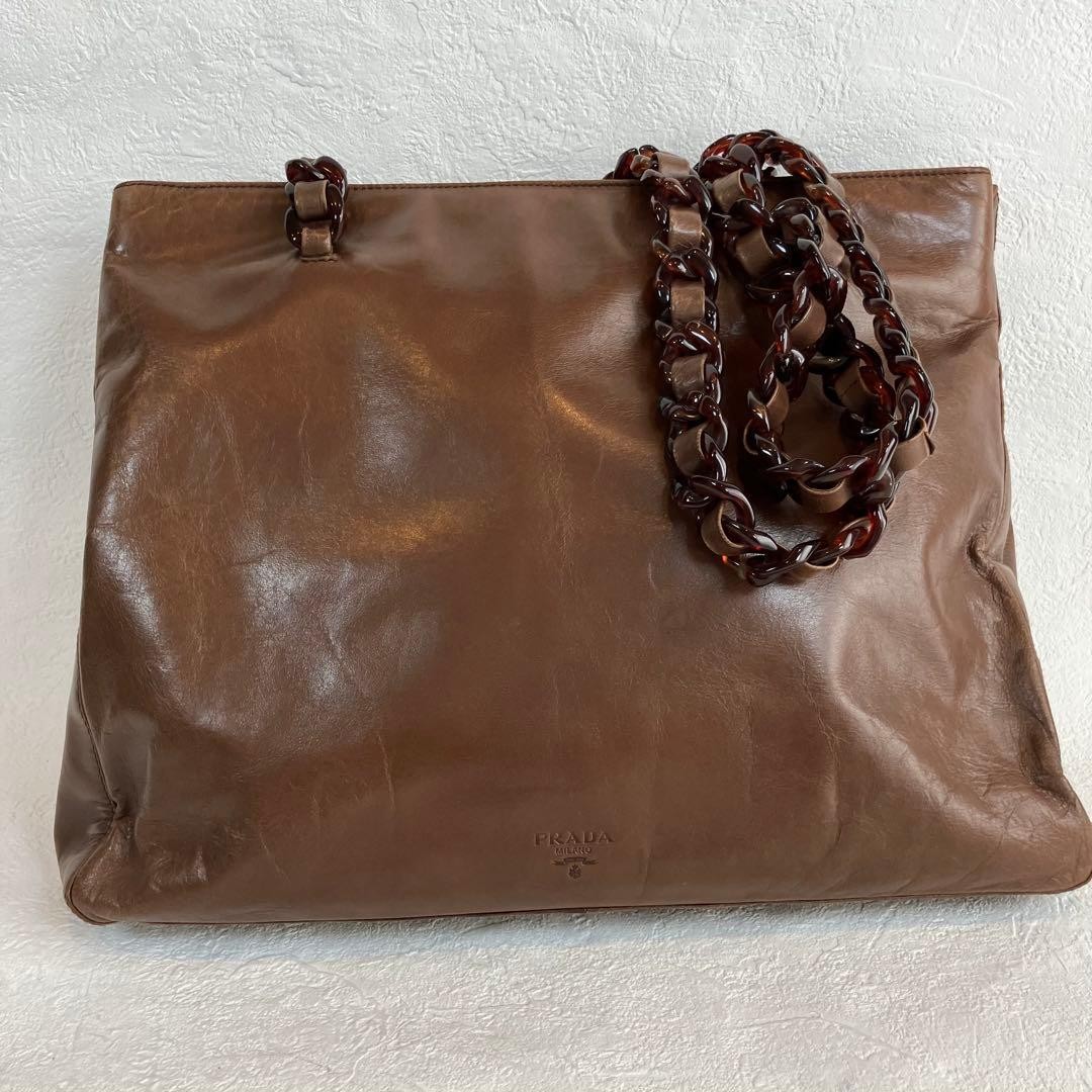 PRADA Logo Leather Tortoiseshell Chain Shoulder Bag Brown