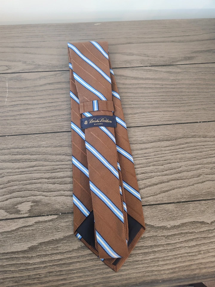 Corbata Brooks Brothers Makers Cuello Rayas Marrón Azul Mezcla Seda Negocios Preppy Foto 2 de 4