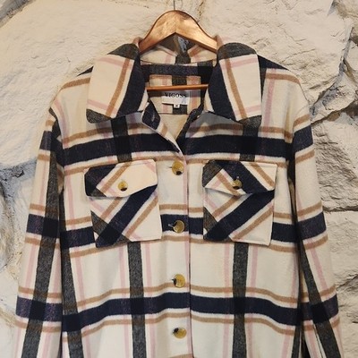 VIGOSS Plaid Button-Up Long Sleeve Jacket Shirt Medium Cream Navy Pink Brown
