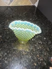 Vintage topaz Fenton Uranium Vaseline Hobnail Opalescent Fan Sm Vase, ~3.5” Tall