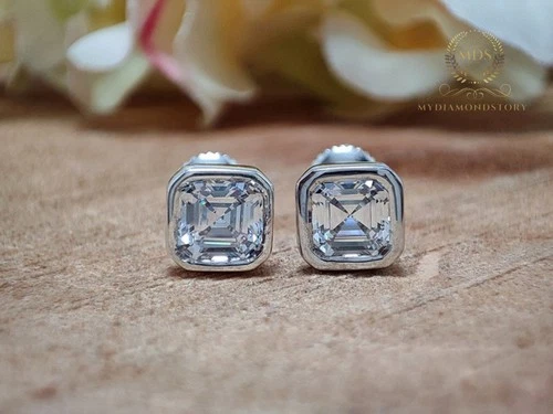 2 CT Lab Grown Diamond Bezel Solitaire Earrings Solid 14K White Gold Asscher Cut